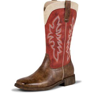 SheSole Western Boots Women's Red Tan Faux Leather Square Toe Wide Mid Calf